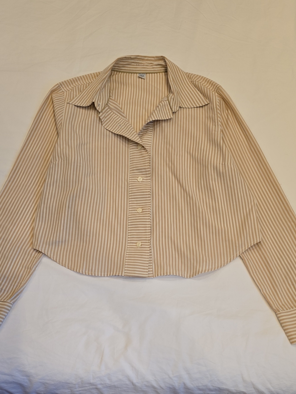 Izod Khaki & Cream Striped Cropped Cotton Button-Up | L